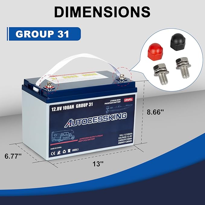 12V 100Ah BCI Group 31 LiFePO4 Battery, 100A BMS Rechargeable Lithium Battery with Low-Temp Protection, Up to 15000 Cycles Perfect for RV, Camping, Solar, Off-Grid and Boat