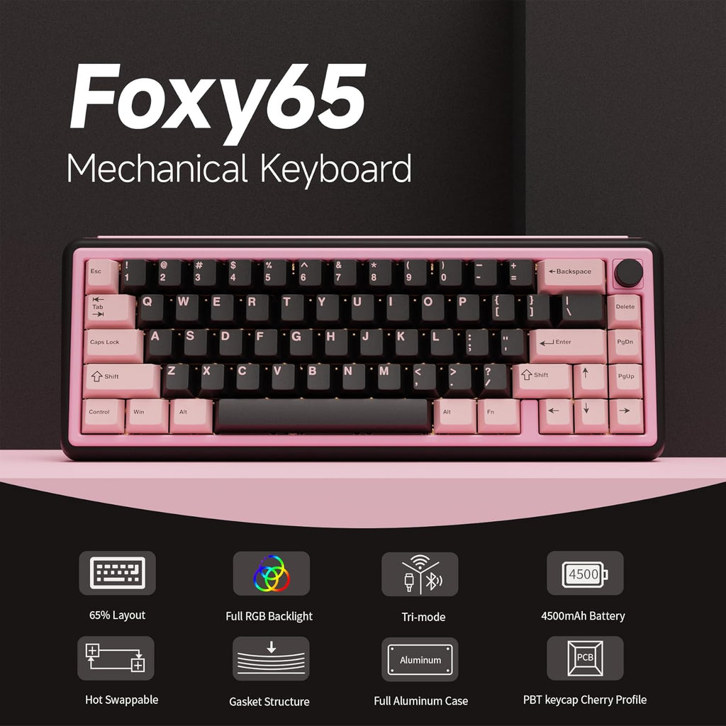Chilkey Foxy65 Mechanical Keyboard with Knob, Gasket Mount 65% Aluminum Wireless Mechanical Keyboard, BT5.0/2.4GHz/USB-C, Hot Swappable, RGB Backlit Computer Custom Key Board for PC