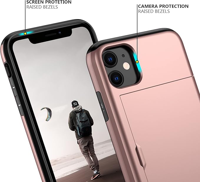 Nvollnoe for iPhone 11 Case with Card Holder Heavy Duty Protective Dual Layer Shockproof Hidden Card Slot Slim Wallet Case for iPhone 11 for Men&Women(Rose Gold)