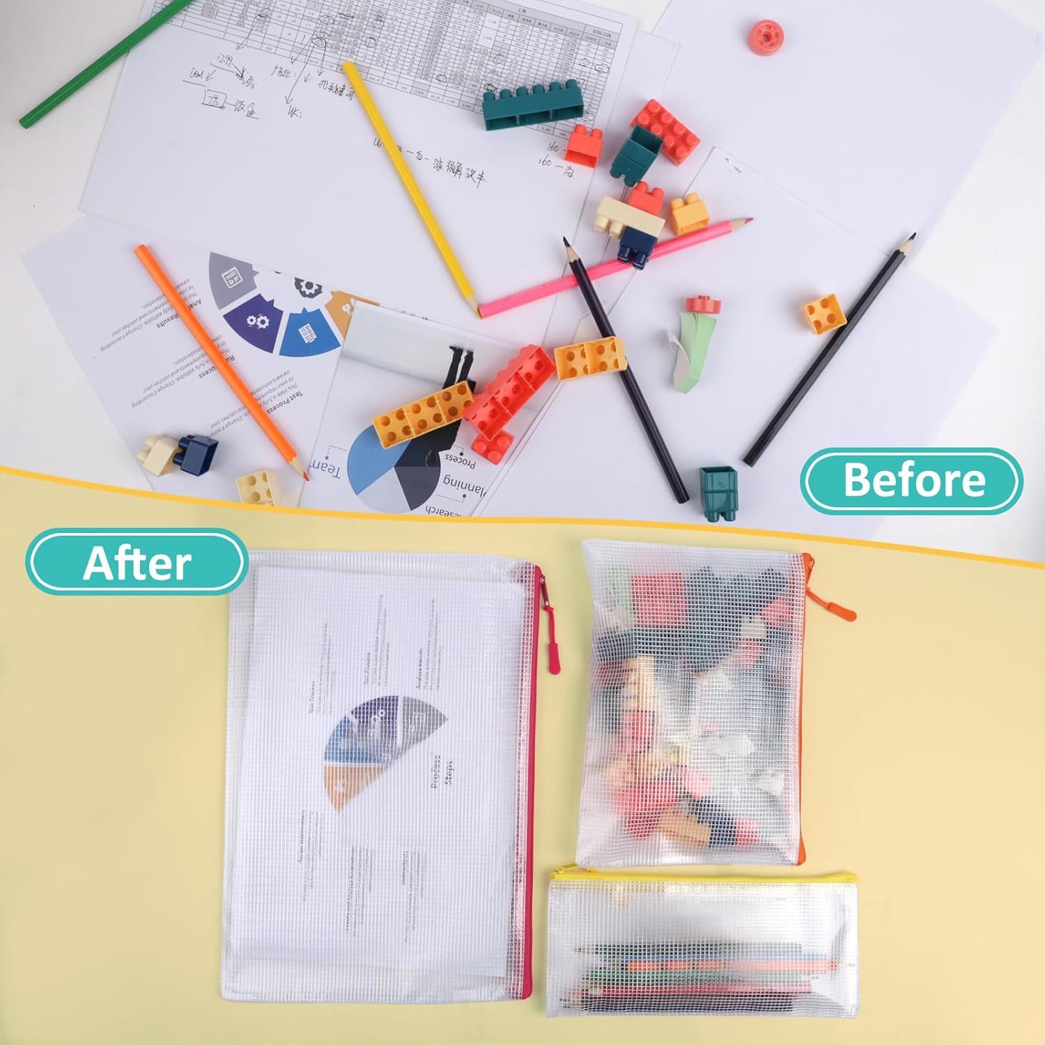 12 Mesh Zipper Pouch Bags - 12 Color, 8 Size Classroom Must-Have Storage Solution for School, Board Games, and Office Supplies