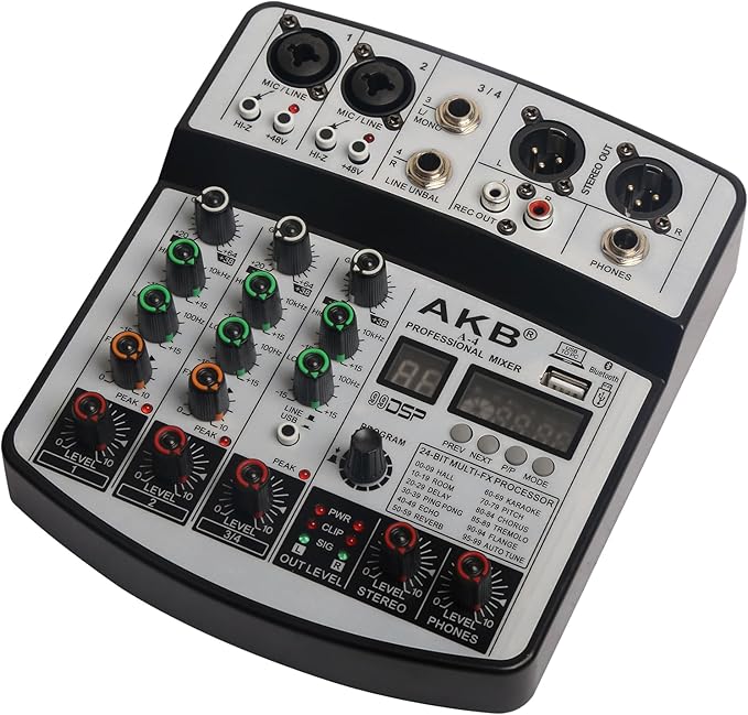 Dj Mixers 4 Channel Audio Mixer Sound Board with Bluetooth, Usb Audio Interface with 48V Phantom Power Sounds Mixer Board with 99 DSP FX Reverb Delay Effect