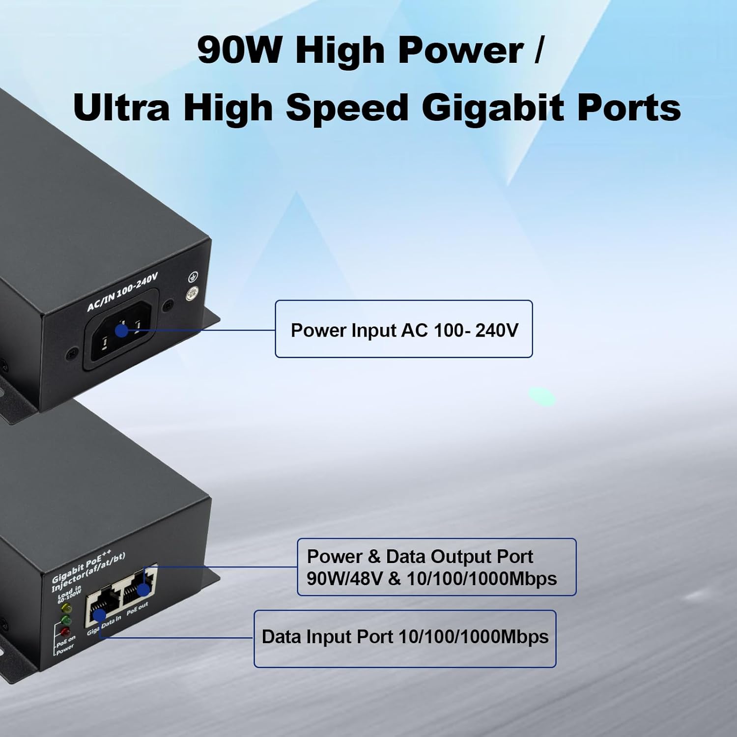 High Power Gigabit PoE++ Injector Adapter, Integrated Power Supply, Convert A Non-PoE Port to A 90W Gigabit Port, Up to 95W to 60W, 30W, 15.4W, Up to 100m (328 ft)