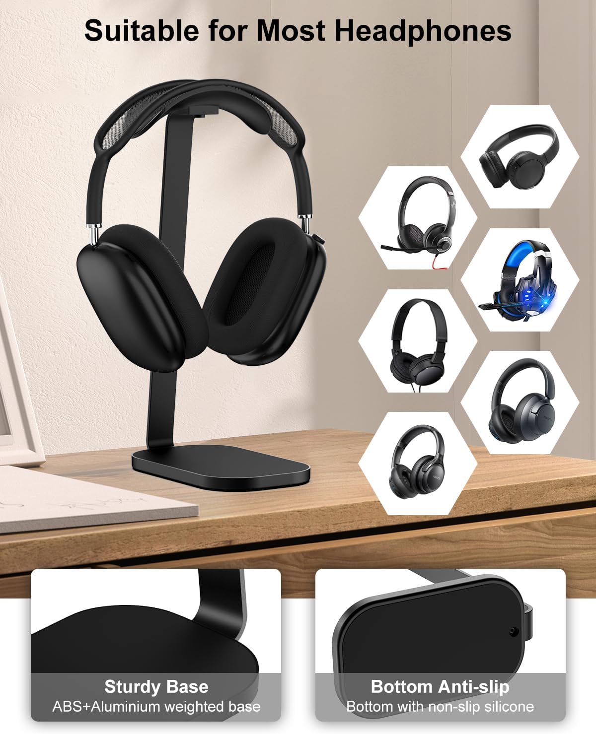 VICHYIE Headphone Stand for AirPods Max, Headset Holder with Aluminum Supporting Rod, Heavy Base Desk Stand Headphones Support Accessory for All Headphones - Black