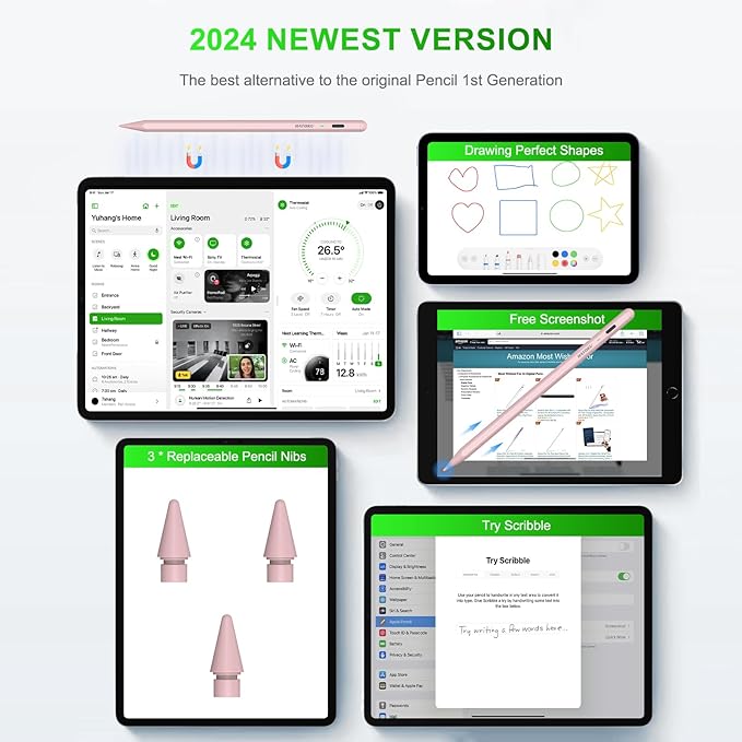 Stylus Pen for iPad 2018-2025: 15 Mins Fast Charging Pencil 1 Generation with Tilt Sensitivity Palm Rejection - Work for iPad Air 3 4 5 M2 M3- Pro 11" 12.9" M4 - Mini 5 6 - iPad 6 7 8 9 10 11 (Pink)