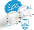 Ceptics Europe Travel Adapter Plug Set Schuko - 4 Input - Ultra Compact - Light Weight Type C, Type G - USA to Any Type C, G Countries UK, Ireland, Germany, France - 4 Pack (PT-9C-7-4PK),White