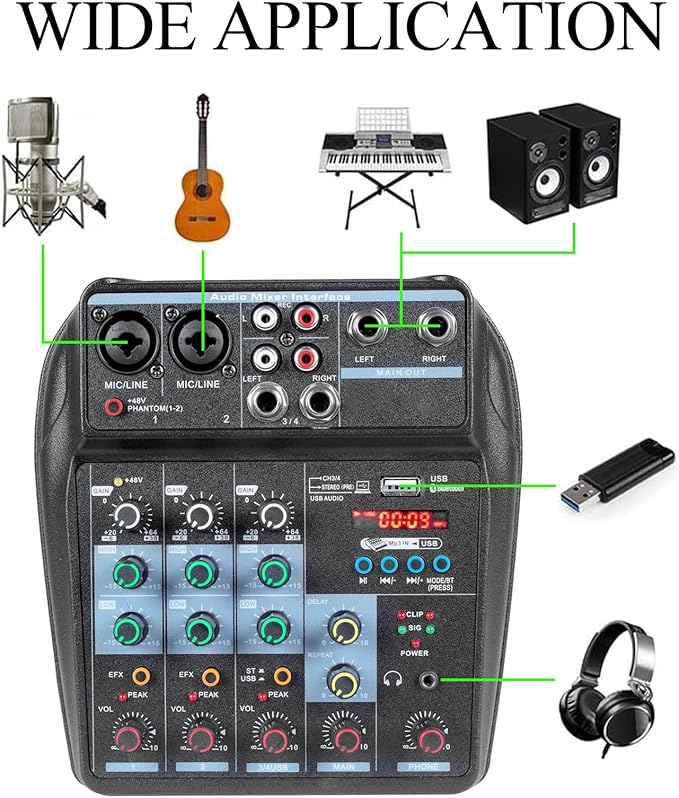 Dj Mixers 4 Channel Audio Mixer Sound Board with Bluetooth, Portable Usb Audio Interface with 48V Phantom Power Small Sounds Mixer Board with FX Delay Effect for Streaming