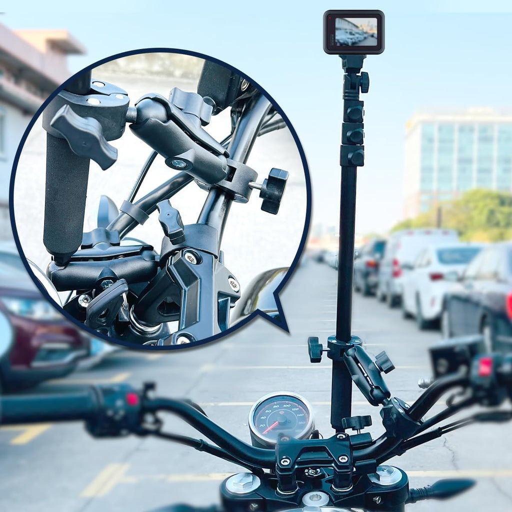 Motorcycle Bike Handlebar Double clamp Mount Invisible Selfie Stick Super Camera Clamp 360°Rotating Extendable Ballhead Magic Arm 60'' for Insta360 ONE X3 X2 X RS R Go 2 3 Action Camera, Black