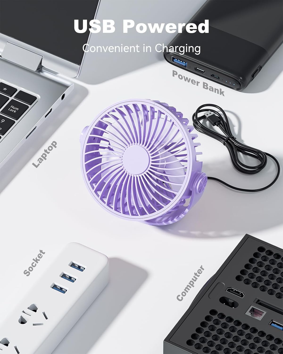 USB Desk Fan, 5 Inch Mini Portable, 3 Speeds Strong Airflow Personal Desktop, Detachable Cooling Fan 360° Rotation Quiet Small Fan for Desk Home Office Travel Car, Purple, 5ft Cable