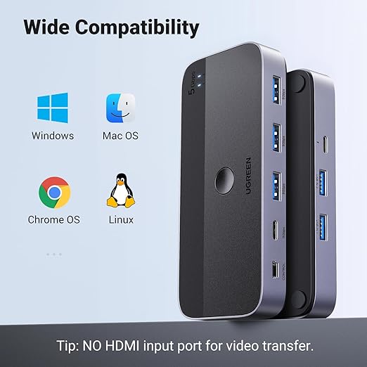 UGREEN USB 3.0 Switch 2 Computers Sharing USB C & A Devices, 4 Port USB Switcher Sharing Keyboard and Mouse, Printer/Scanner USB Switch Hub for Two Computers with 2 USB3.0 Cables and Controller