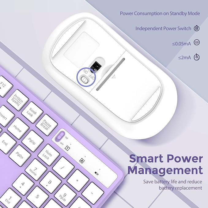 Wireless Keyboard and Mouse Combo, Lovaky 2.4G Full-Sized Ergonomic Keyboard Mouse, 3 DPI Adjustable Cordless USB Keyboard and Mouse, Quiet Click for Computer/Laptop/Windows/Mac (1 Pack, Purple)
