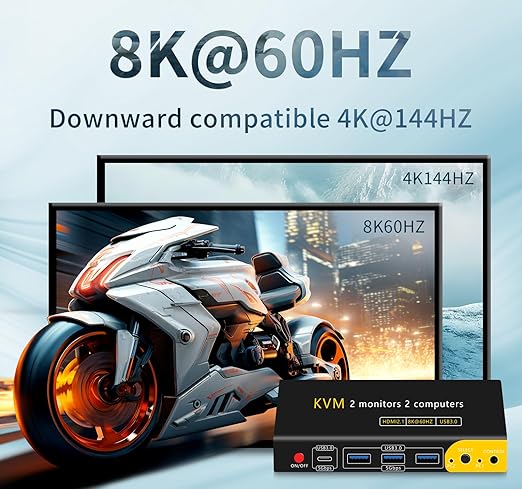 HDMI kvm Switch 2 Monitors 2 Computers Dual Monitor kvm Switch,8K@60HZ, 3*USB3.0&1*USB C, KVM switches 2 Computers 2 Monitors 1 Monitors(USB3.0+8KHDMI)