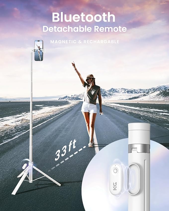 KraftGeek Tripod for iPhone, 66” JustTap Phone Tripod, Selfie Stick Cell Phone Stand for Recording Travel, Content Creator Essentials, White