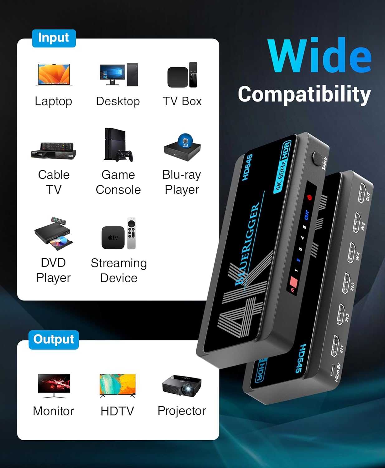 BlueRigger 4K HDMI Switch 5 in 1 Out (4K 60Hz, 5 Port Video Switcher, HDMI Hub, HDR10+, 18Gbps, Selector Box with IR Remote) – Compatible with HDTV, PS5, Xbox, Apple TV, Projector, Blu-Ray