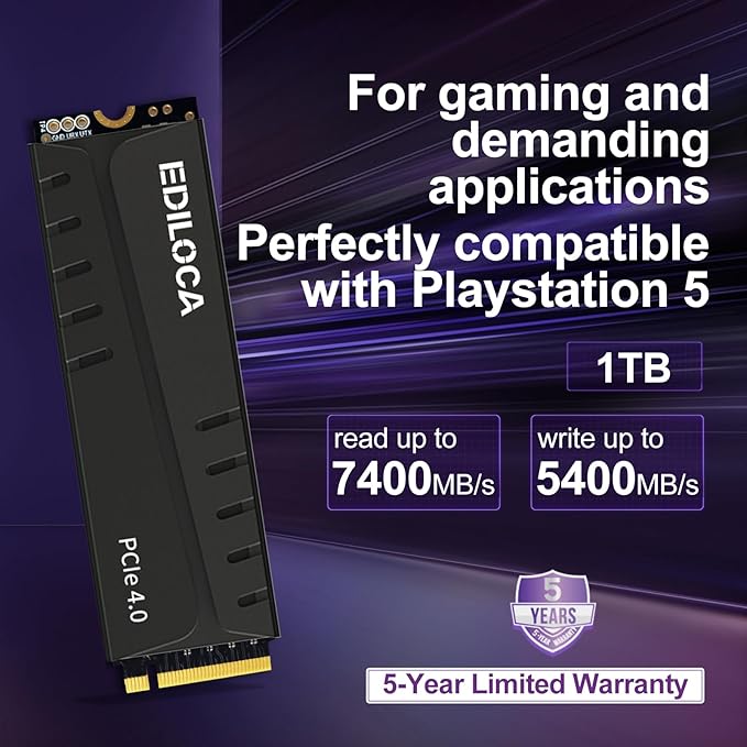 1TB PS5 SSD with Heatsink PCIe Gen4 NVMe M.2 Gaming SSD, 7400MB/s Read, 1GB DRAM Cache, 3D TLC | Internal Solid State Drive Compatible with PS5 & PC(EN855)