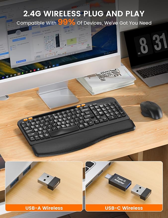 Wireless Keyboard and Mouse Combo, Ergonomic Wave Keys, Cushioned Plam Rest, Rechargeable, Phone Holder, Natural Typing, 2.4G Lag-Free, Full Size Keyboards Cordless Set for Windows/Mac -SABLUTE