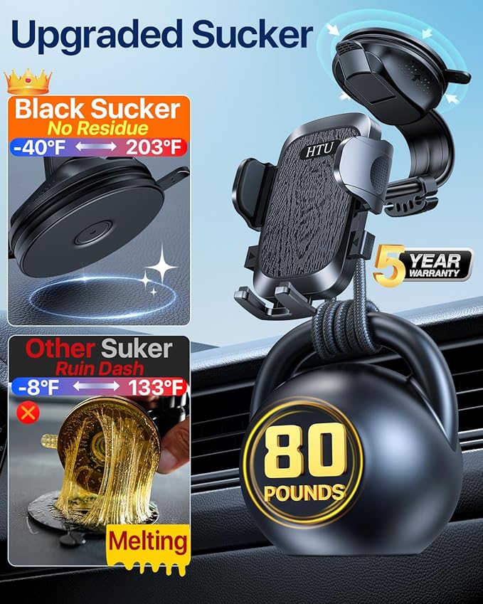 HTU Upgraded Strongest Suction Car Phone Holder Bendable Arm, Never Block View Rotatable Cellphone Mount for Dashboard Windshield Vent, Cradle Stand for iPhone 16 15 14 13 12 Pro Max (Black)