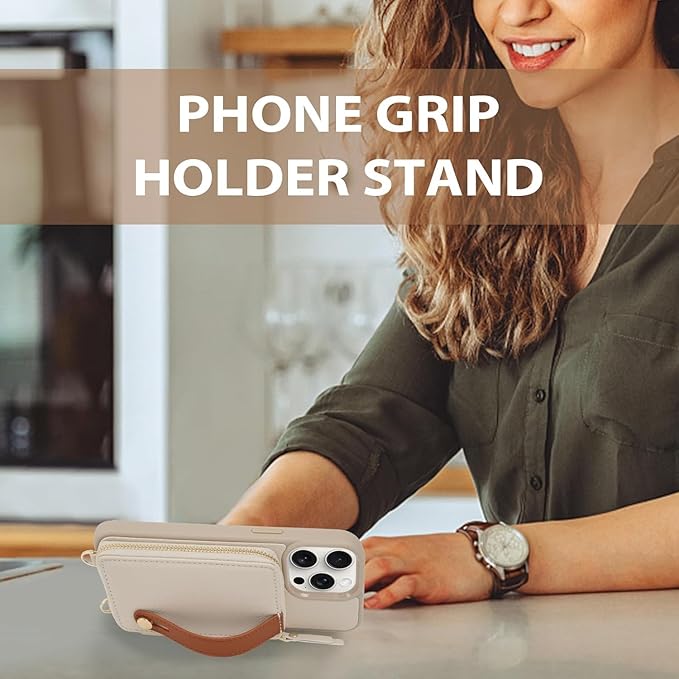 LAMEEKU for iPhone 14 Pro Max Wallet Case with Card Holder, Zipper Leather Crossbody Case with Kickstand Lanyard for Women, Cover with Phone Grip Holder Stand for Apple iPhone 14 Pro Max 6.7" Beige