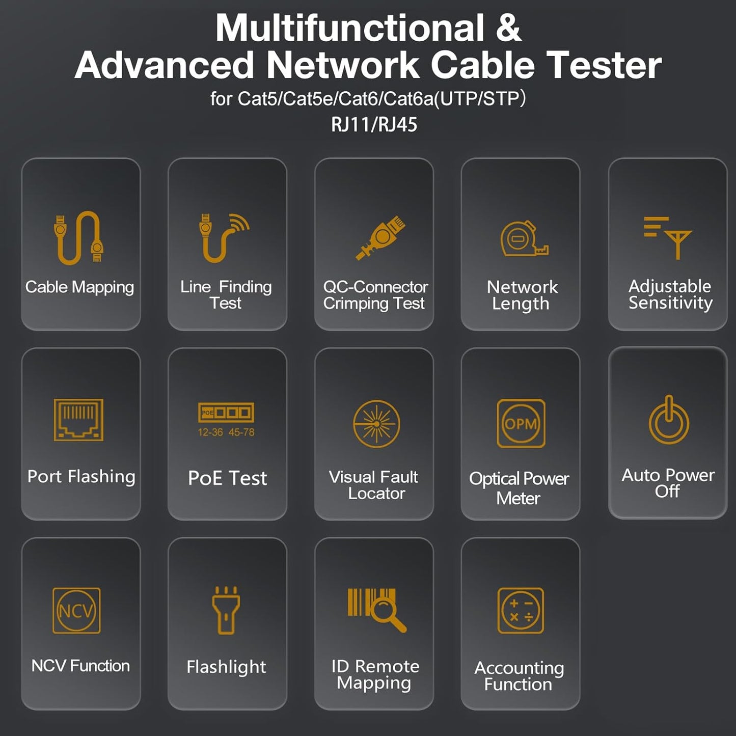 10 in 1 Network Cable Tester with 7 Wavelengths OPM 10Km/10mW VFL 600M Measurable Length 100 Records Tool Kit for CAT5 CAT6 Telephone Ethernet RJ11 RJ45 PoE Wire Tracer NCV, Red