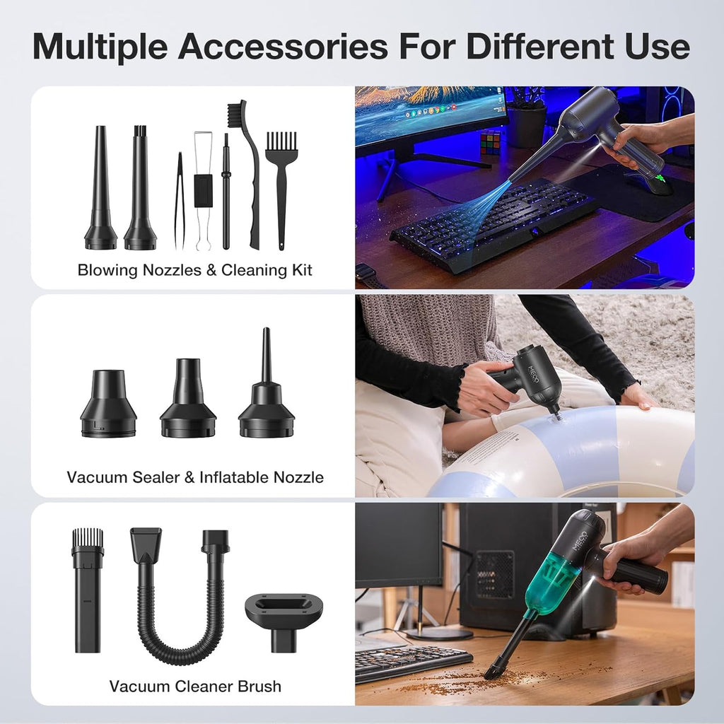 MECO ELEVERDE Compressed Air Duster Electric, 130000RPM 4in1 Air Duster Vacuum/Mini Vacuum/Air Blower & Pump, 3 Gear Brushless Motor with LED Light for PC, Keyboard, Car, Carpet (Green)