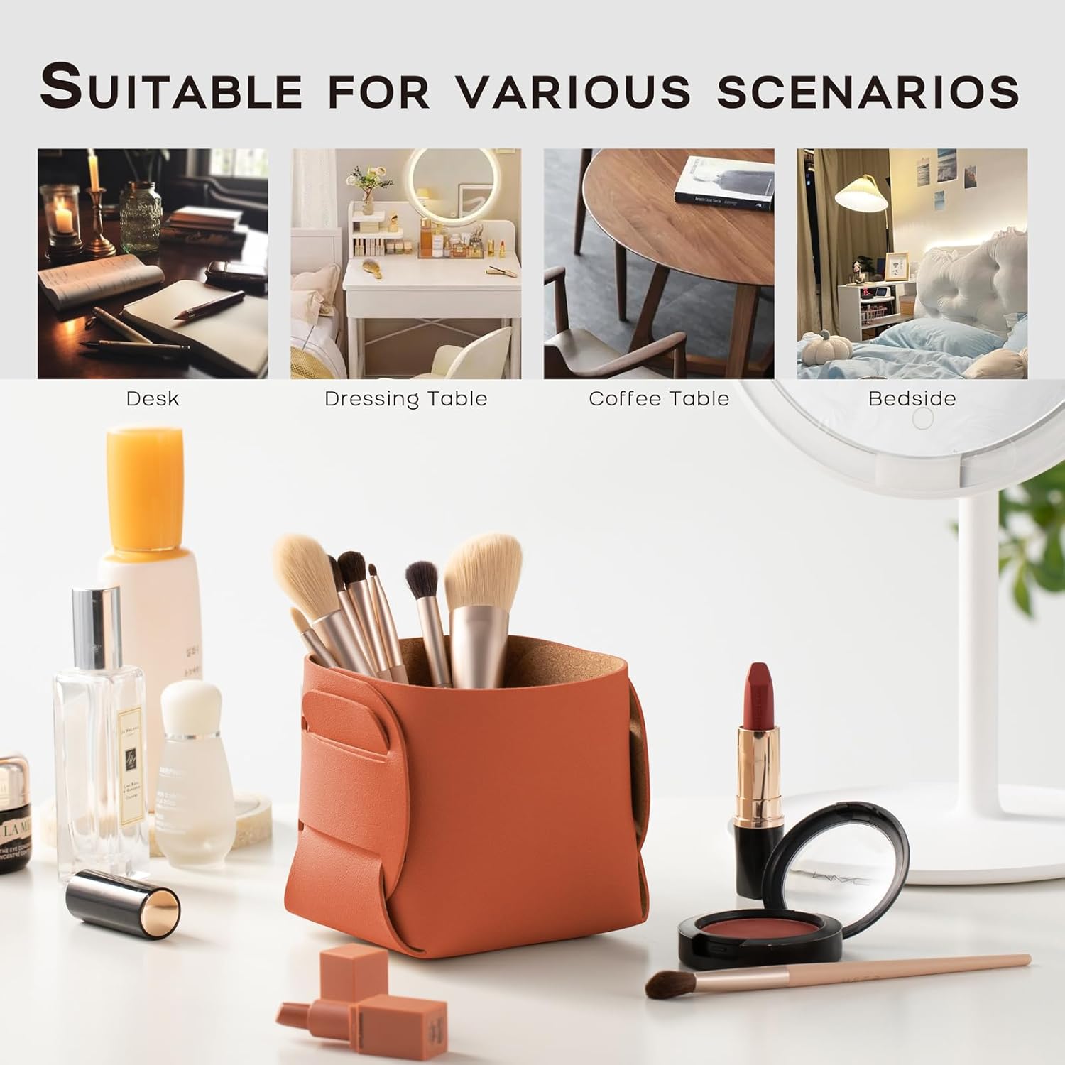 HOMIEAZICOZI 2-Pack Cork Leather Desk Accessories Storage - Pencil Pen Holder - Makeup Brush Holder Organizer - Stylish Addition to Home Decor (Orange)