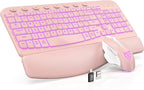 SABLUTE Ergonomic Wireless Keyboard and Mouse Combo - Wave Keyboard with Soft Leather Wrist Rest, Resistant Keys, RGB Backlit Rechargeable Set for PC/Mac/Chromebook (Pink)