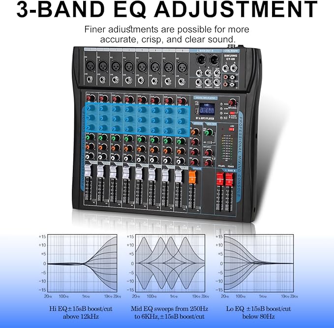 8 Channel Audio Mixer Sound Board Mixer 16 DSP Effect Audio Interfacer w/USB Drive for Computer Recording, 48V Power, XLR Microphone Jack DJ Mixer for Karaoke Studio Streaming Recording