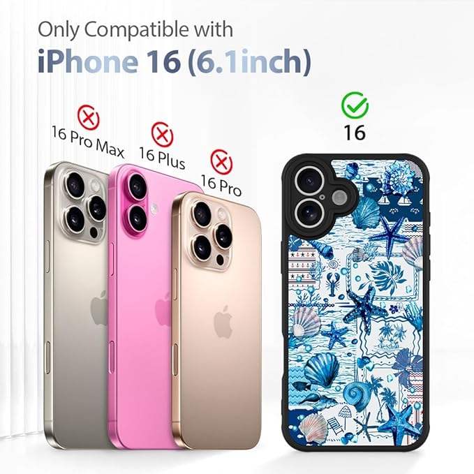 AIGOMARA Magnetic Case for iPhone 16 [Compatible with MagSafe] Blue Shell Starfish Ocean Holiday Collage for Women Girls Men Soft TPU Bumper Hack PC Back Heavy Duty Protective Slim Cover