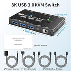 KVM Switch 1 Monitor 2 Computers 8K@60Hz, HDMI KVM Switches for 2 PC Sharing Single Monitor and Keyboard Mouse with Power Adapter, Wired Extend Controller and USB3.0 Cables