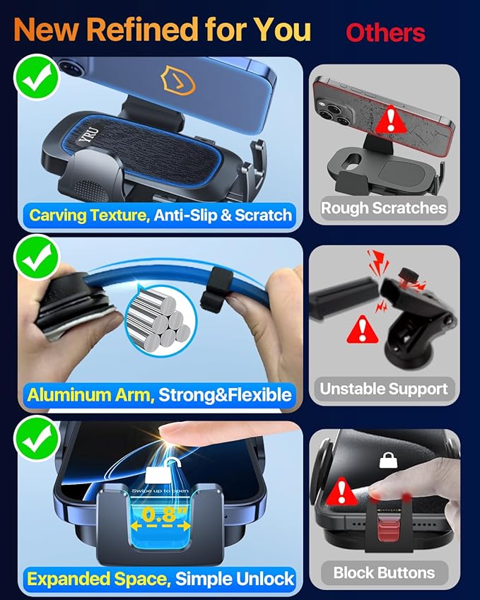 YRU [2025 Ultimate Car Phone Holder Mount [Bendable & Adjustable Aluminum Arm] Cell Phone Holder for Car Dashboard Windshield Phone Stand for iPhone 16 15 14 13 Pro Max Samsung Pickup Truck, Black