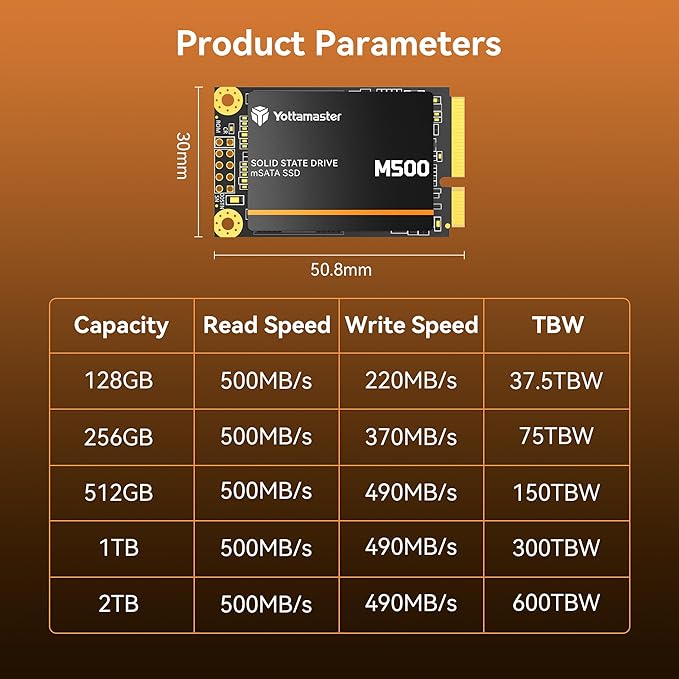 Yottamaster M500 512GB mSATA SSD SATA III 6Gb/s, mSATA Internal Solid State Drive Up to 500MB/s, Mini-SATA with 3D NAND, Compatible with Ultrabooks Desktop PC Laptop, All-in-One PCs, 30x50mm