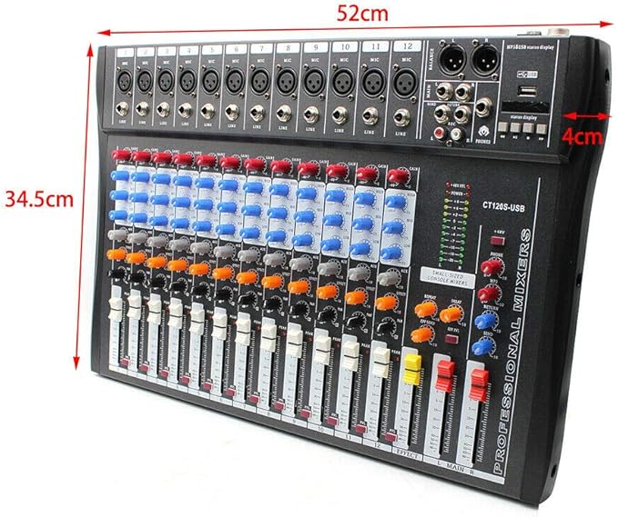 12 Channel Audio Mixer, DJ Soundboard Sound Mixer Console with Xlr, Line Inputs & 48V Phantom Power, Studio Audio Mixer KTV Sound Mixing Console for Professional and Beginners (12-Channel)