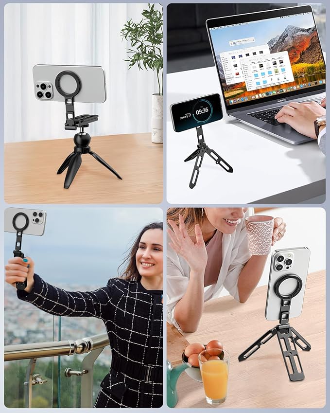 UBeesize 2-in-1 Magnetic Phone Tripod for iPhone–MagSafe Mini Stand & Universal Tripod Mount, Foldable Pocket Aluminum Phone Holder for iPhone 16/15/14/13/12 Series, Desktop & Travel Use