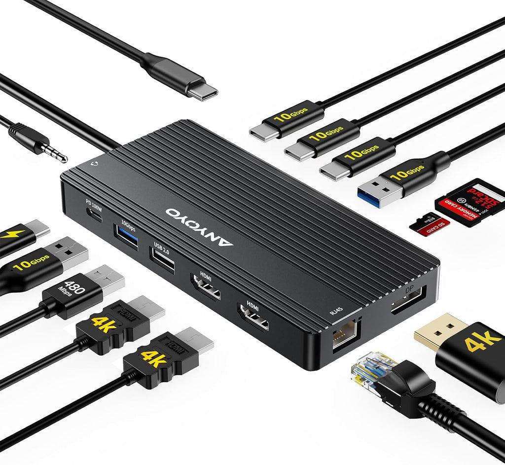 USB C Hub USB C Docking Station Dual Monitor14-IN-1 Triple Display Multiport Adapter with 2*HDMI +DP + 5*USB-A/C 10Gbps Ports+Ethernet+SD/TF Laptop Docking Station for HP/Dell/Lenovo/Thinkpad (Black)