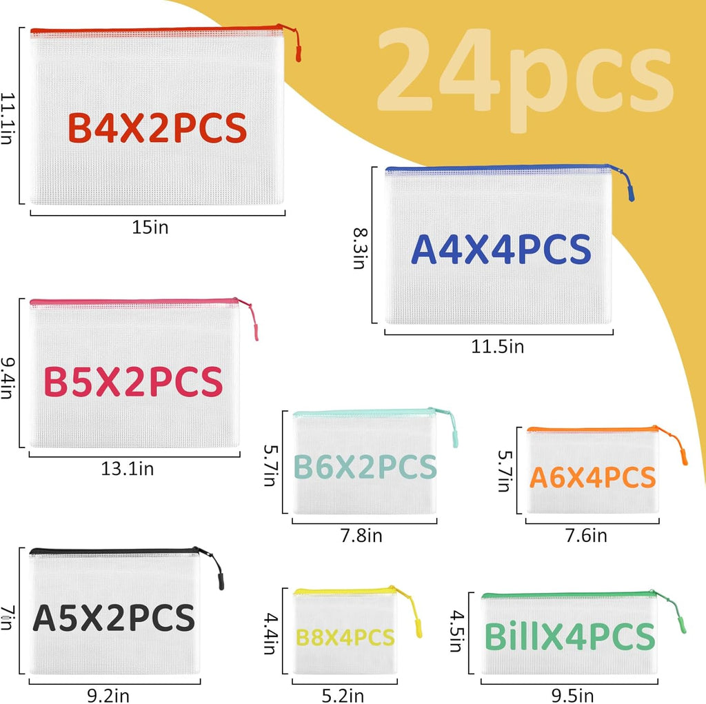 24PCS Mesh Zipper Pouch Storage Bags, 8 Sizes Board Game Bags, 12 Colors Reusable Pouches for Organizing, Organizer for Travel