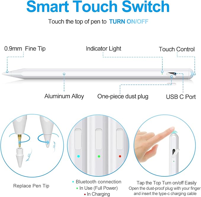 Stylus Pen for iPad 2018-2025 with Palm Rejection, Apple Pencil for Pad11th/10th/9th/8th/7th/6th Gen, iPad Pro 11/12.9 inch, New iPad Air 2025 11&13-inch(M3/2) /5th/4th/3th Gen, iPad mini 6th/5th