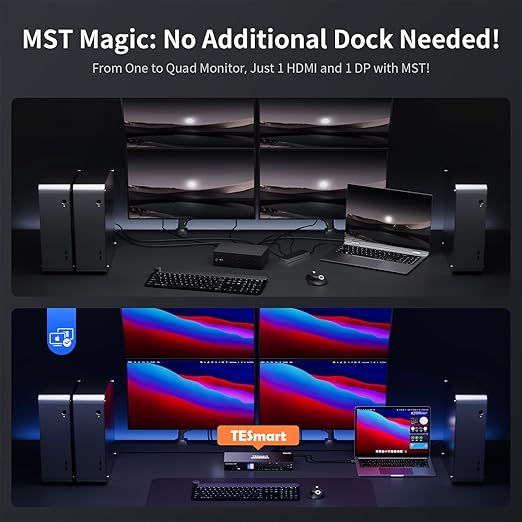 TESmart Quad Monitor HDMI+DP MST KVM Switch 4 Monitors 4 Computers 4K@60Hz, USB 3.0 KVM Docking Station, Audio&Microphone, EDID emulators, Hotkey Switch, Rack-Ears, with Input Cables