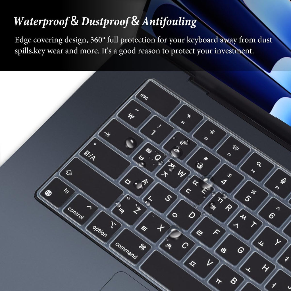 Korean Keyboard Cover for Apple 2025 2024 2023 MacBook Air Laptop with M4 M3 M2 chip 15.3-inch A3241 A3114 A2941,MacBook Air 13.6 inch A3240 A3113 A2681 Skin Protector-Black