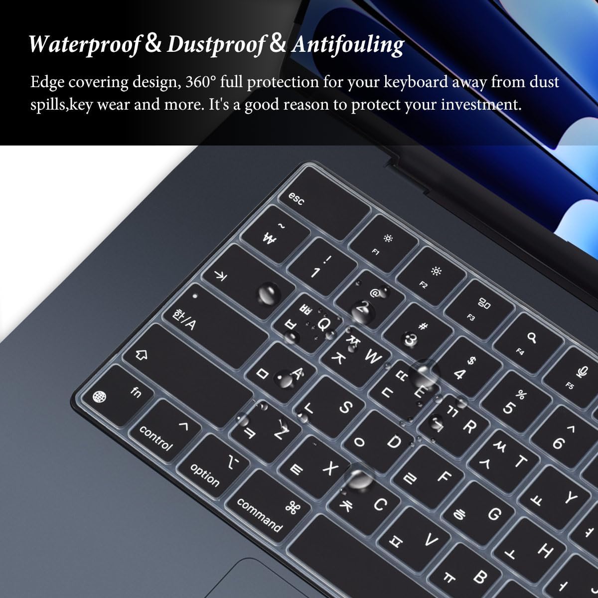 Korean Keyboard Cover for Apple 2025 2024 2023 MacBook Air Laptop with M4 M3 M2 chip 15.3-inch A3241 A3114 A2941,MacBook Air 13.6 inch A3240 A3113 A2681 Skin Protector-Black