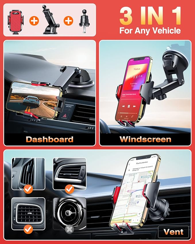 VANMASS [Longest Lasting] True Military-Grade Car Phone Holder Strongest Suction & Clip Cell Mount Dashboard Windshield Vent Automobile Cradle Truck Accessories for iPhone 16 15 Pro Max 14 13 Android