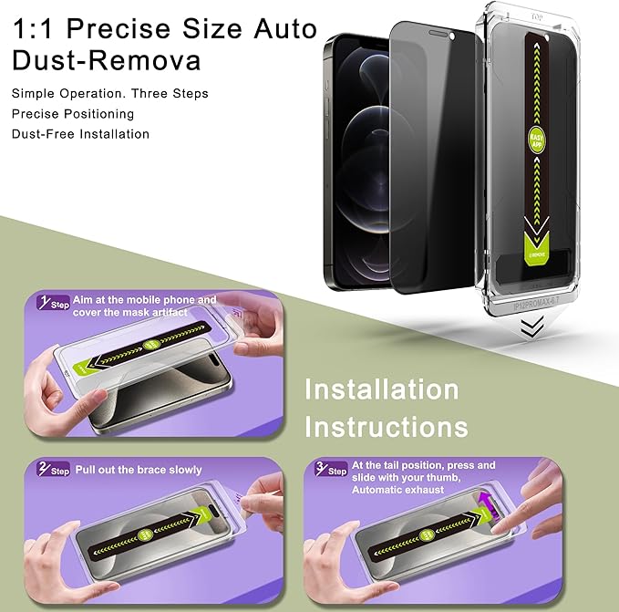 (2-Pack Anti-Spy Privacy Screen Protector for iPhone 12 Pro Max(6.7-Inch),9H Tempered Glass,Full Coverage,Anti-Fingerprint,Auto Dust Removal,Bubble-Free,Easy Installation