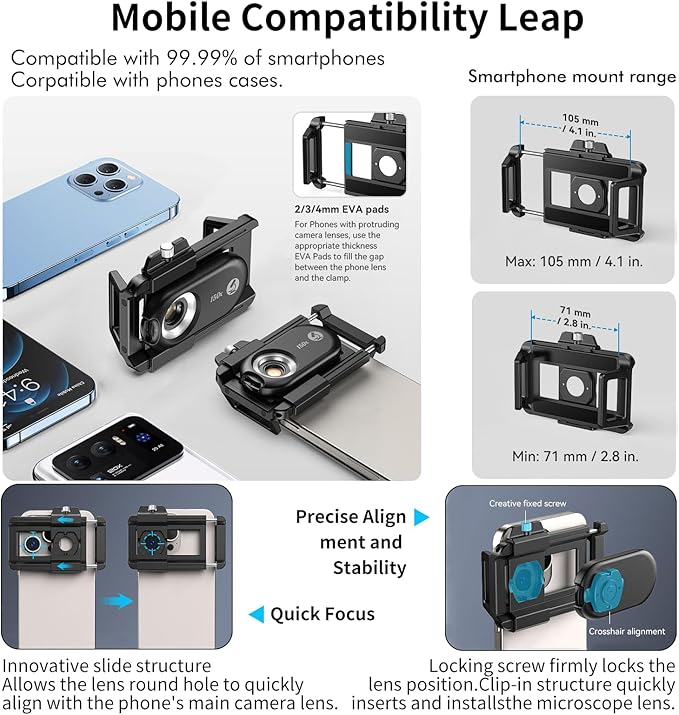Kolertron Mobile Phone Microscope Lens, Universal with LED Ultraviolet lamp and CPL, Portable Digital Microscope Camera Accessory, Suitable for 90% iPhone/Android Phones (Note: Compatible)