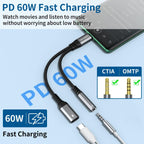 USB C to 3.5mm Headphone and Charger Adapter, 2-in-1 Type C to Aux Jack Cable with PD 60W Fast Charging for iPhone15 16 17 Pro Max, Samsung Galaxy S22 S23 S24 S25 Ultra, Note 20, iPad Air4, Pixel 8 9