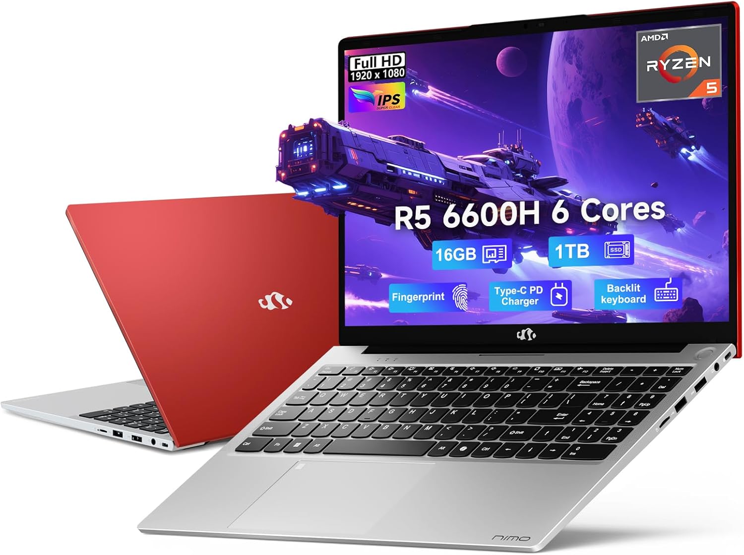 NIMO 15.6" IPS FHD-Gaming-Laptop, AMD Ryzen 5 6600H 6-Cores 660M GPU 16GB DDR5 RAM 1TB SSD(Beat i7-1165G7, Up to 4.5GHz) Computer with 100W GaN Type C Fingerprint Backlit Keyboard Win 11