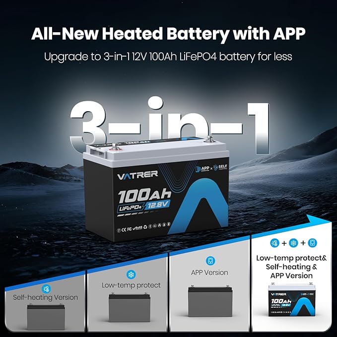 12.8V 100AH Group 31 Bluetooth LiFePO4 Lithium Battery with Self-Heating, Built-in 100A BMS, High/Low Temp Cutoff, Supports Low Temp Charging(-4°F), 5000+ Cycles, Perfect for RV/Camping,Off-Grid,Solar