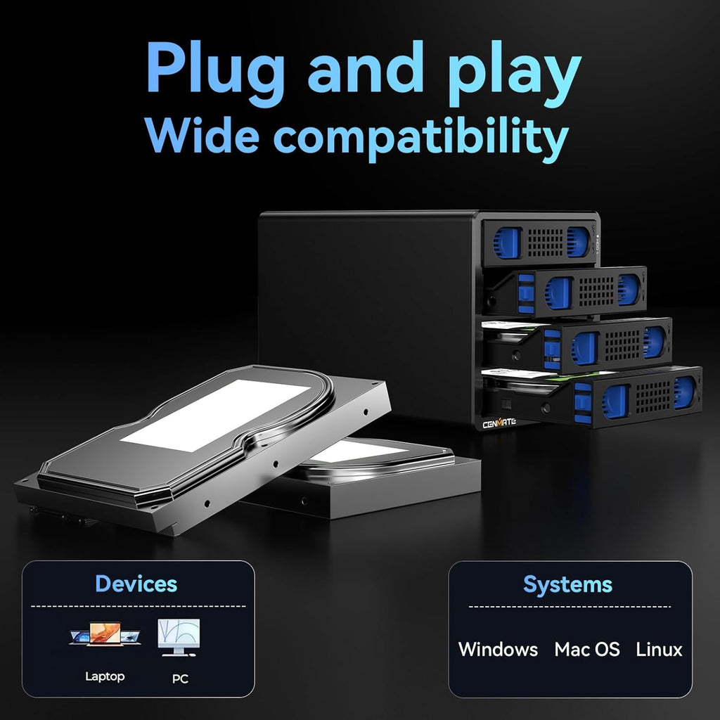 Aluminum 4 Bay 10Gbps Hard Drive Enclosure with Cooling Fan for 2.5“/3.5" SATA HDD/SSD with USB A/C 3.2 Gen 2, Support Hot Swappable,Tool-Free HDD Enclosure , DAS(NO RAID/NAS)