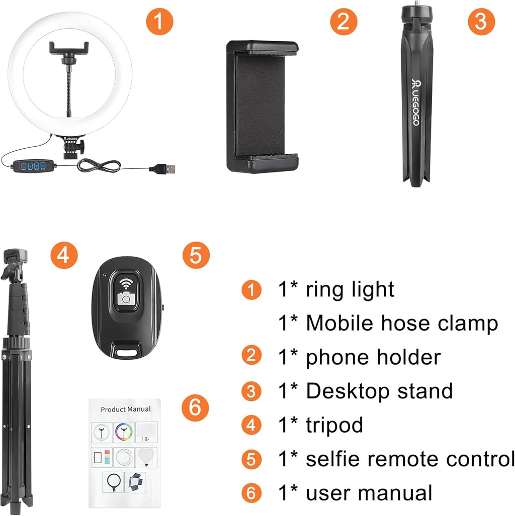UEGOGO 10'' Ring Light with 72'' Tripod Stand, Dimmable LED Ringlight for Live Stream, Photography, Makeup, Video Recording