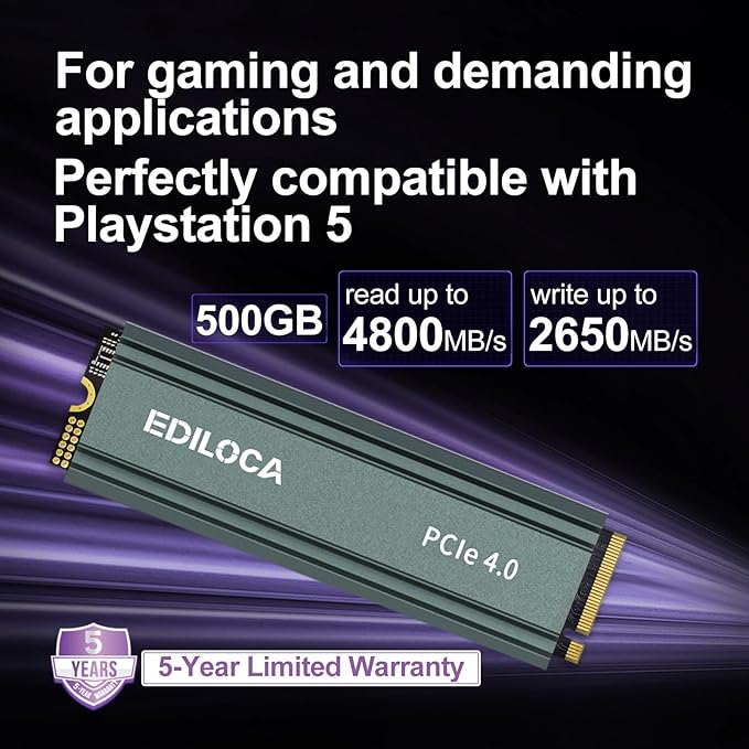 500GB M2 NVME SSD with Heatsink - PCIe Gen4.0 NVMe M.2 2280 3D NAND TLC, 4800MB/s Read, Internal Solid State Drive for PS5/PC, Dynamic SLC Cache, PS5 Storage Expansion, 5-Year Warranty(EN760)