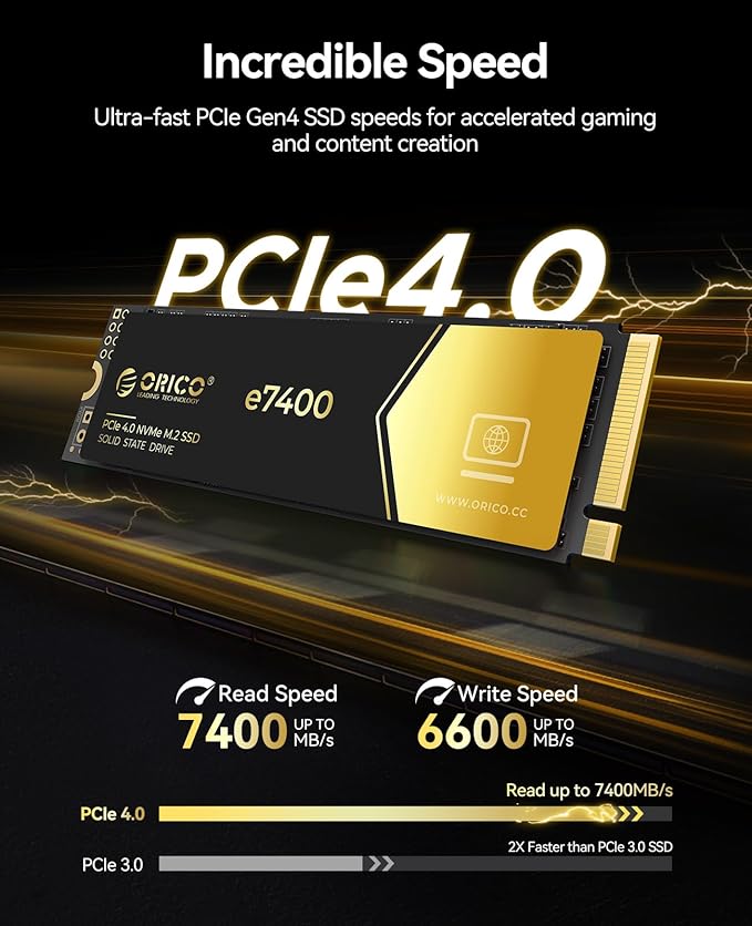 ORICO 1TB NVMe SSD PCIe 4.0- Up to 7400MB/s, M.2 2280 PCIe 4.0X4 Internal Solid State Drive, Fast Heat Dissipation, Compatible with macOS Windows for Gamers and Creators-e7400