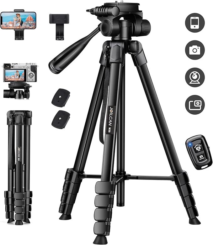 JOILCAN Phone Tripod, 68" Tripod for Phone Stand Video Recording Photos, Travel Floor Tripods Compatible with iPhone Canon Nikon DSLR, Cell Phone Tripods with Remote/Travel Bag