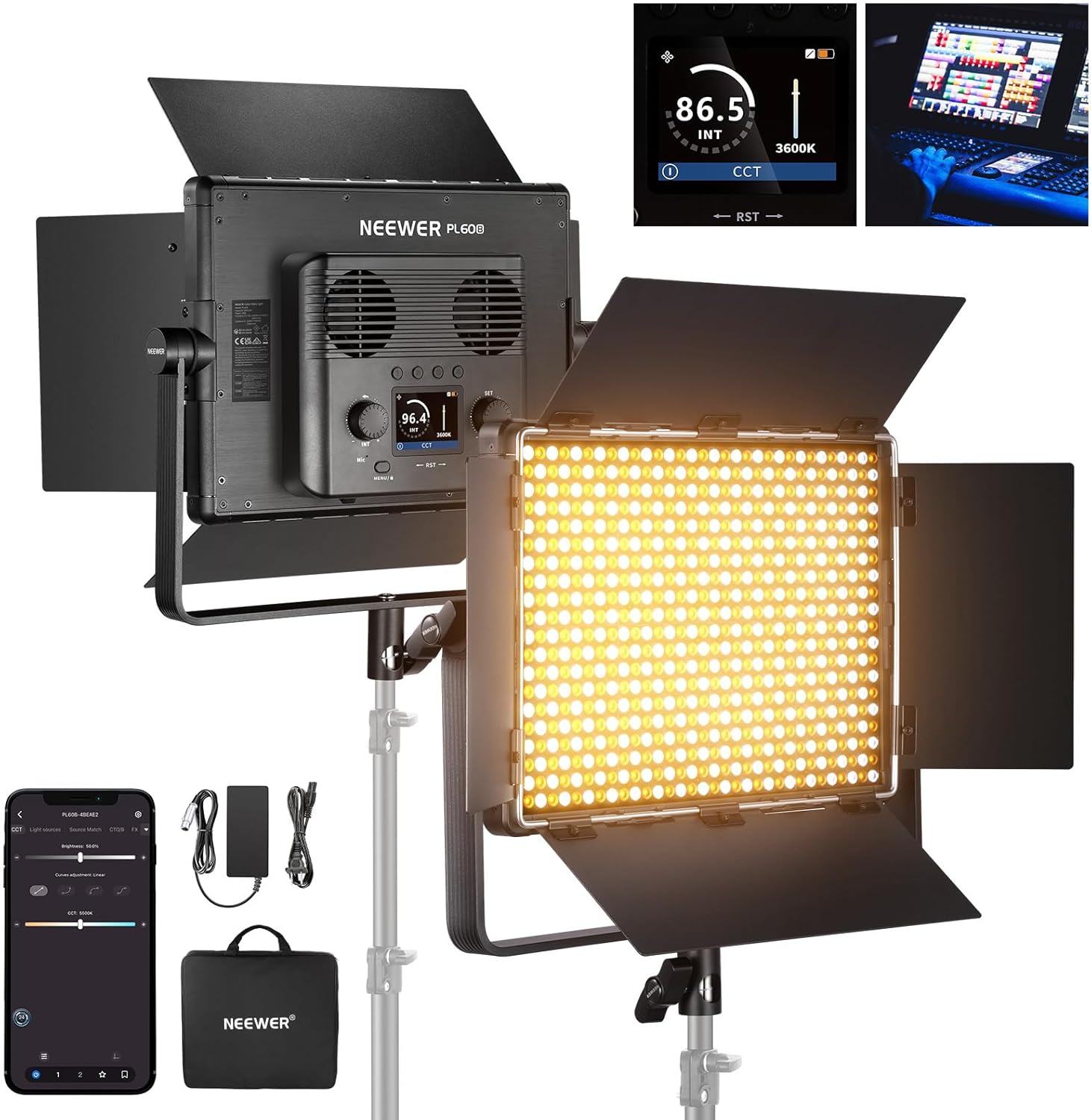 NEEWER Bi Color LED Panel Video Light APP/2.4G/DMX Control, 60W 26600Lux/0.5m 2500K-8500K 13 Scenes V Battery Powered, Lighting for Studio Photography Outdoor Photo Recording Makeup Streaming, PL60B